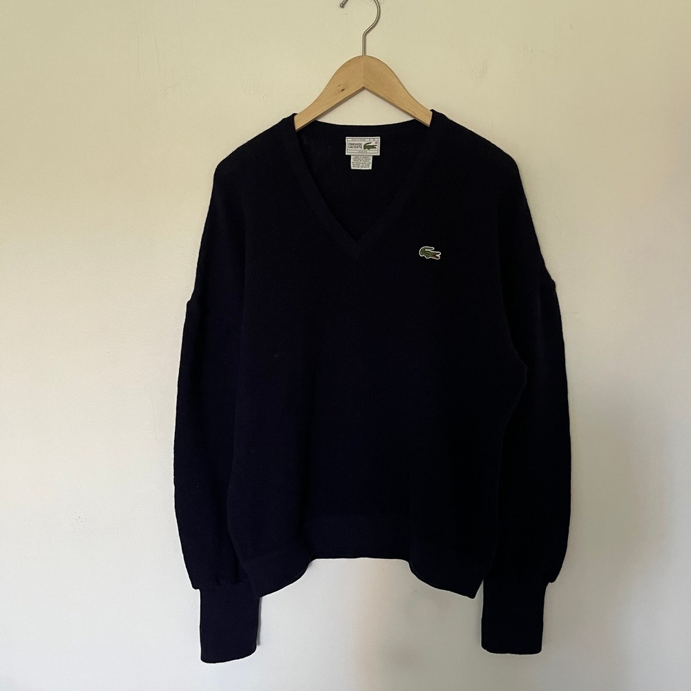 Vintage Chemise Lacoste Navy Blue 100% Wool V-Neck Sweater Made in France Size 5
